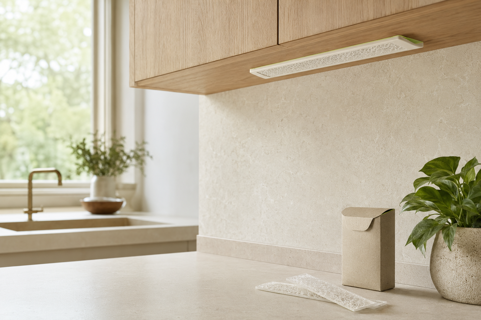 A discreet ivory insect-capture strip mounted beneath a cabinet in a warm modern kitchen